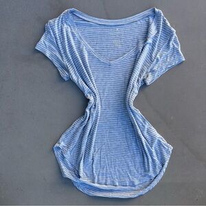 Grey and White Striped V-Neck Women’s Top